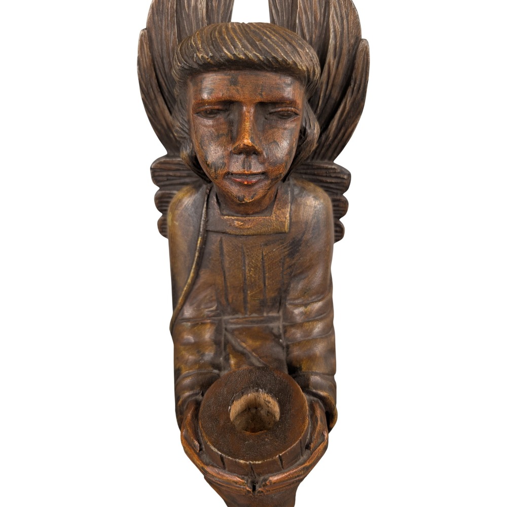 Vintage Hand Carved Wooden Cherub Angel Candle Holder Polychrome Folk Art Figure